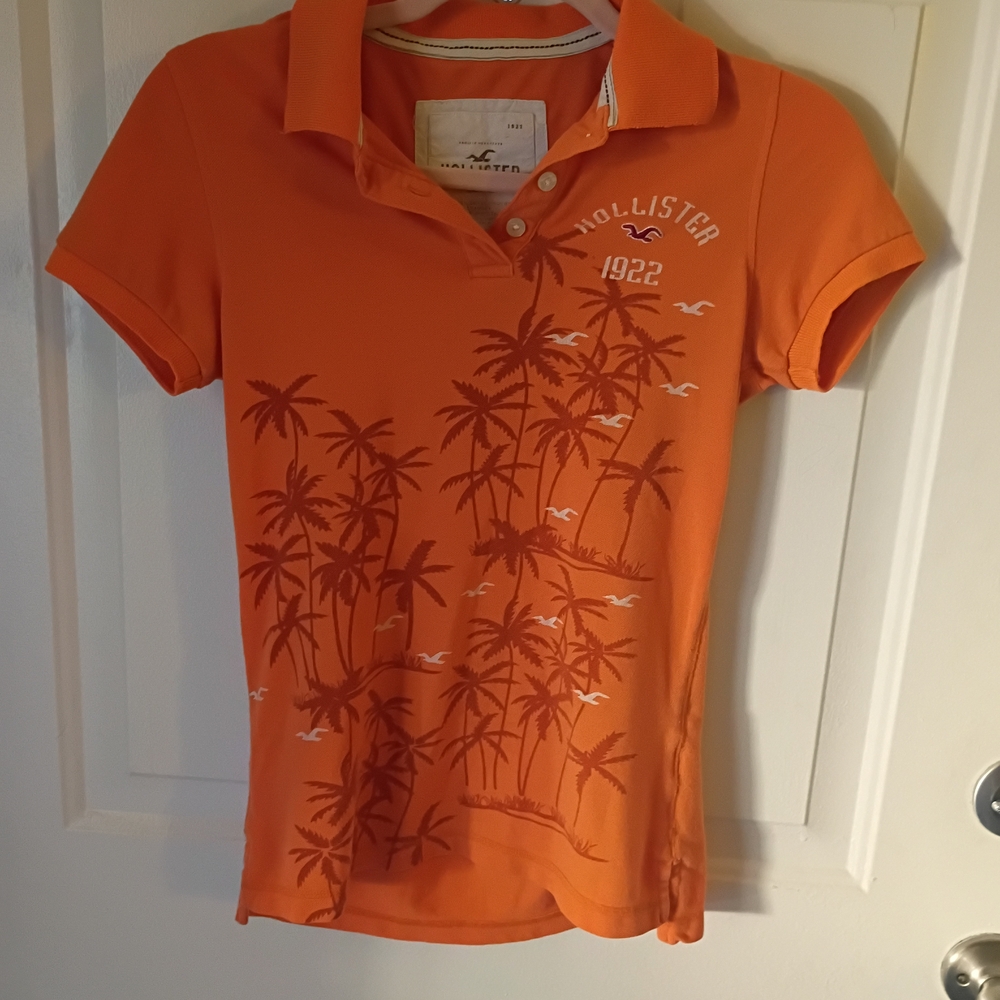 Hollister Orange Palm Print Polo Tee